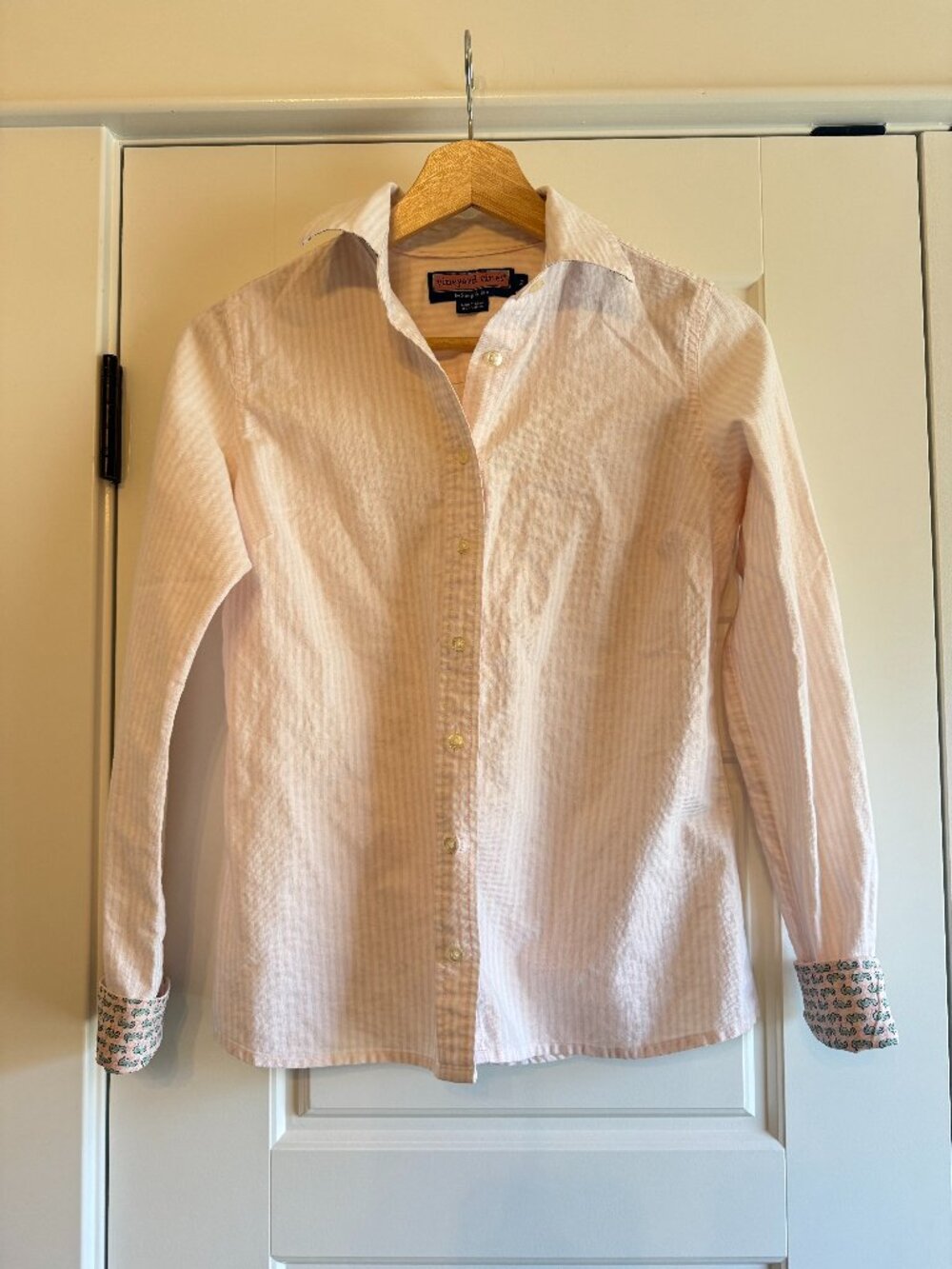 Vineyard Vines Pink and White Stripe Button Down with Seahorse Cuff Detail - 2
